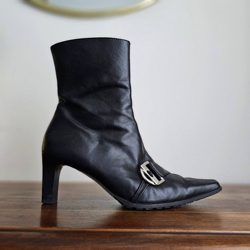 🖤 Paul Green Black Leather Ankle Boots Austria Made Heeled Square Toe Buckle - Picture 6 of 16